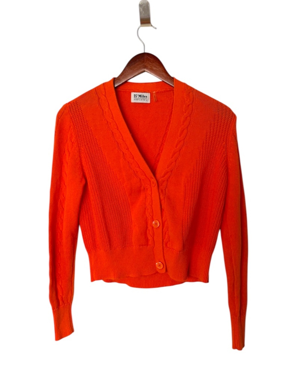 27 Miles Malibu Orange V-Neck Cable Knit Button Cardigan Sweater